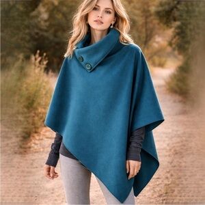 Vintage Turquoise Blue Italian-Made Button High Collar Boho Cape Poncho